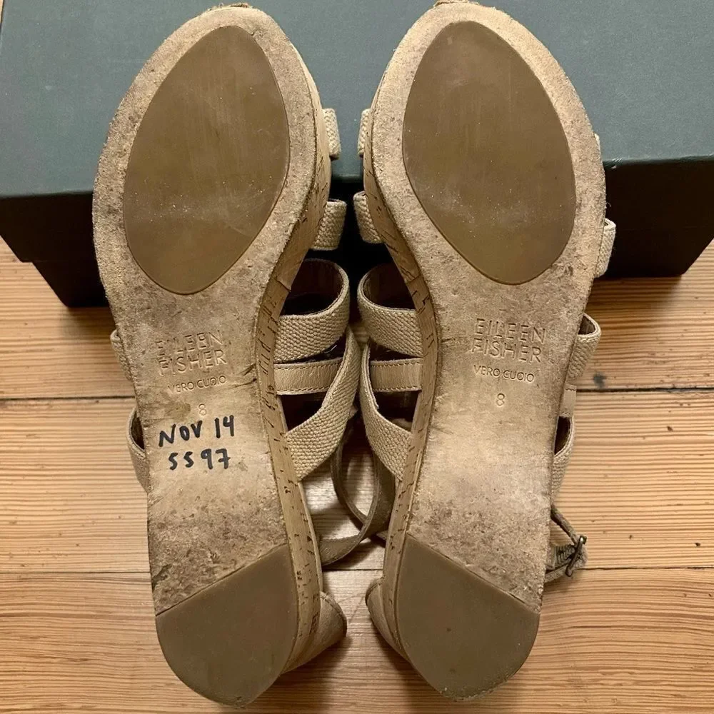 Eileen Fisher Bevy St. Linen stretch wedge sandal heels. Size 8.